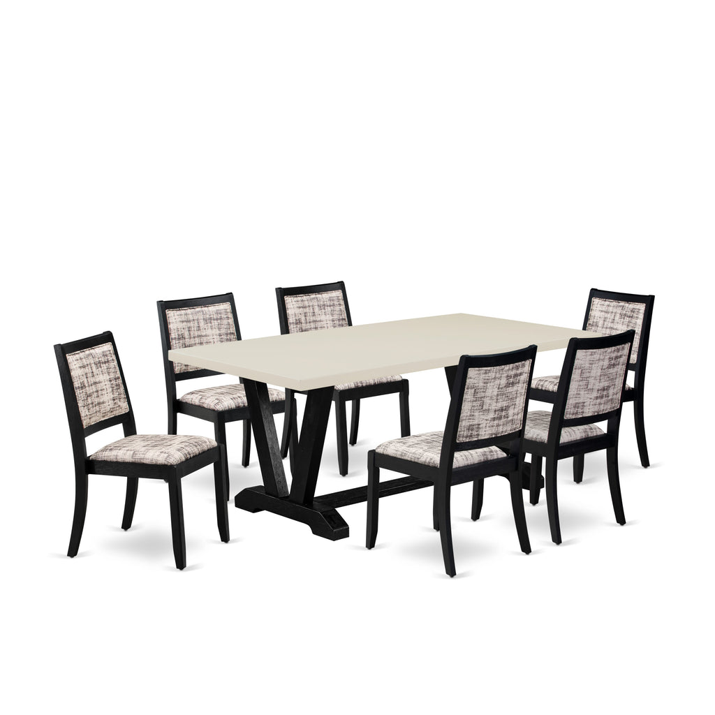 East West Furniture V627X2630-7 - 7-piece dining table set consists of a wooden table with Linen White tabletop and 6 stackable chairs with White and Gray Pattern Faux Leather - Wire-brushed Black