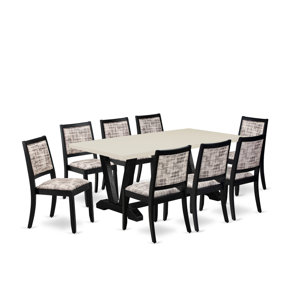 East West Furniture V627X2630-9 - 9-piece kitchen set consists of a kitchen table with Linen White tabletop and 8 stackable chairs with White and Gray Pattern Faux Leather - Wire-brushed Black