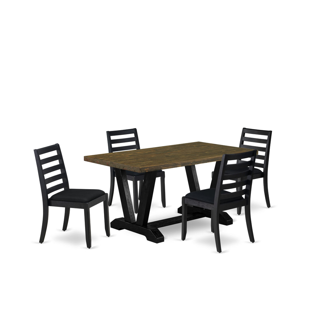 East West Furniture V676X1624-5 - 5-piece dining table set consists of a breakfast table with Distressed Jacobean top and 8 stackable dining chairs with Black Linen Fabric - Wire-brushed Black