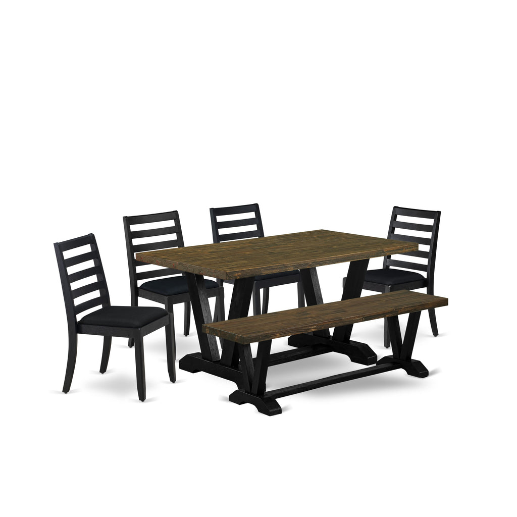 East West Furniture V676X1624-6 - 6-piece modern dining set consists of a kitchen table and a Bench with Distressed Jacobean top and 4 stackable chairs with Black Linen Fabric - Wire-brushed Black