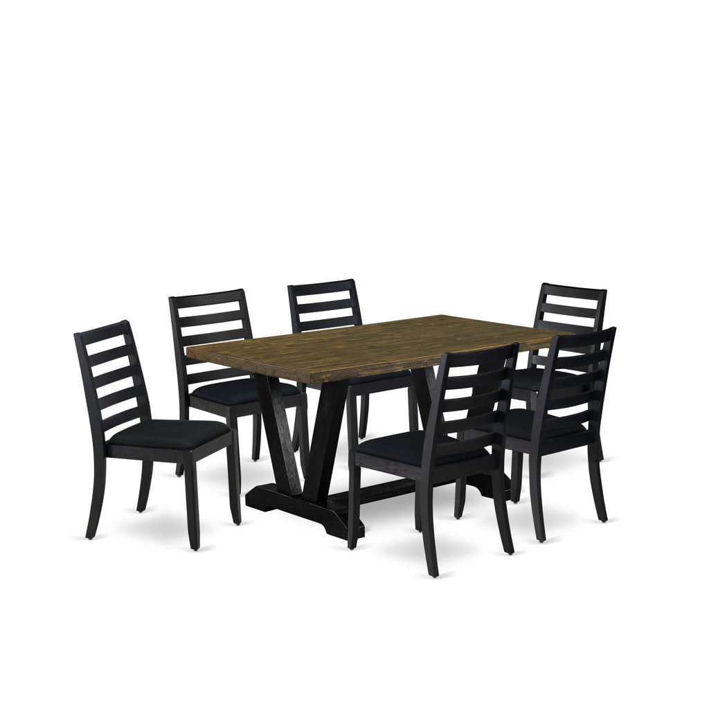 East West Furniture V676X1624-7 - 7-piece dining table set consists of a dining room table with Distressed Jacobean top and 6 stackable chairs with Black Linen Fabric - Wire-brushed Black