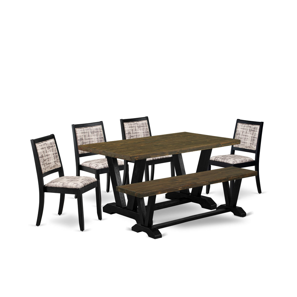 East West Furniture V676X2630-6 - 6-piece dining set consists of a table and a Bench with Distressed Jacobean top & 4 stackable chairs with White and Gray Pattern Faux Leather - Wire-brushed Black