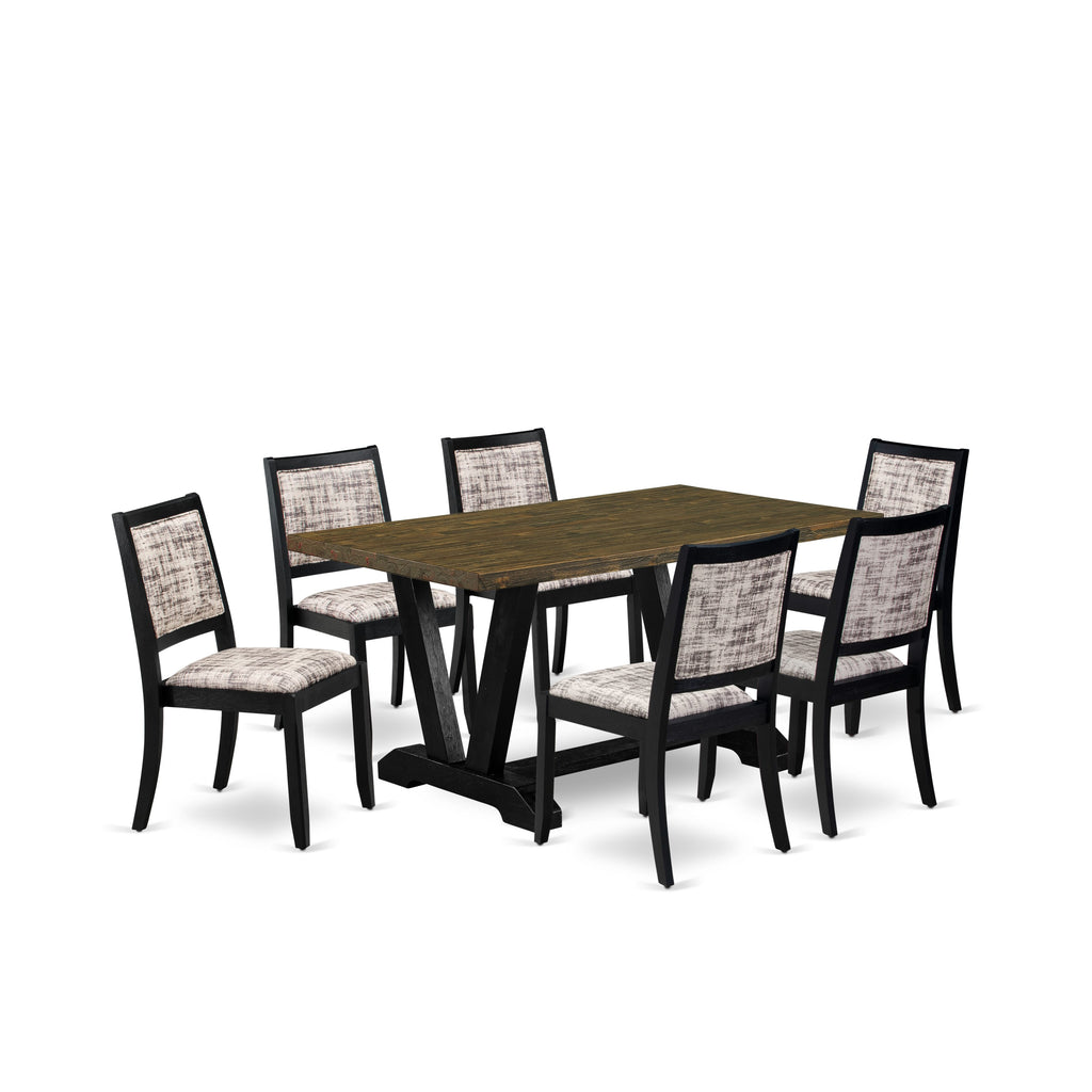 East West Furniture V676X2630-7 - 7-piece kitchen set consists of a breakfast table with Distressed Jacobean top and 6 stackable chairs with White and Gray Pattern Faux Leather - Wire-brushed Black