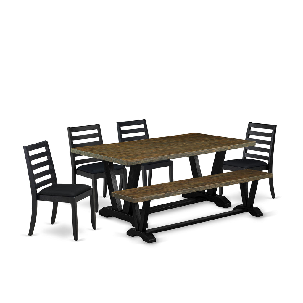 East West Furniture V677X1624-6 - 6-piece mid century kitchen set consists of a table and a Bench with Distressed Jacobean top & 4 stackable dining chairs with Black Linen Fabric - Wire-brushed Black