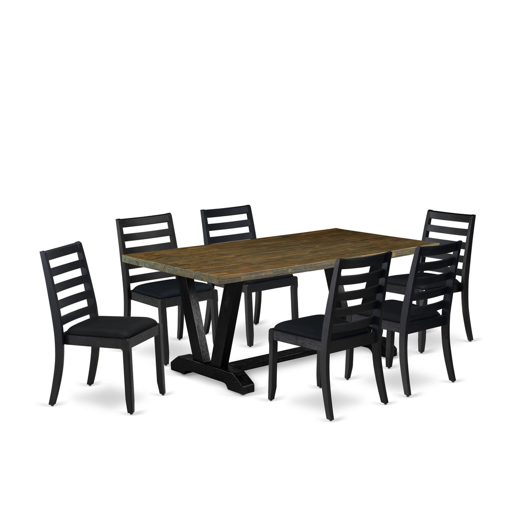 East West Furniture V677X1624-7 - 7-piece dining table set consists of a dining table with Distressed Jacobean top and 6 stackable wooden chairs with Black Linen Fabric - Wire-brushed Black