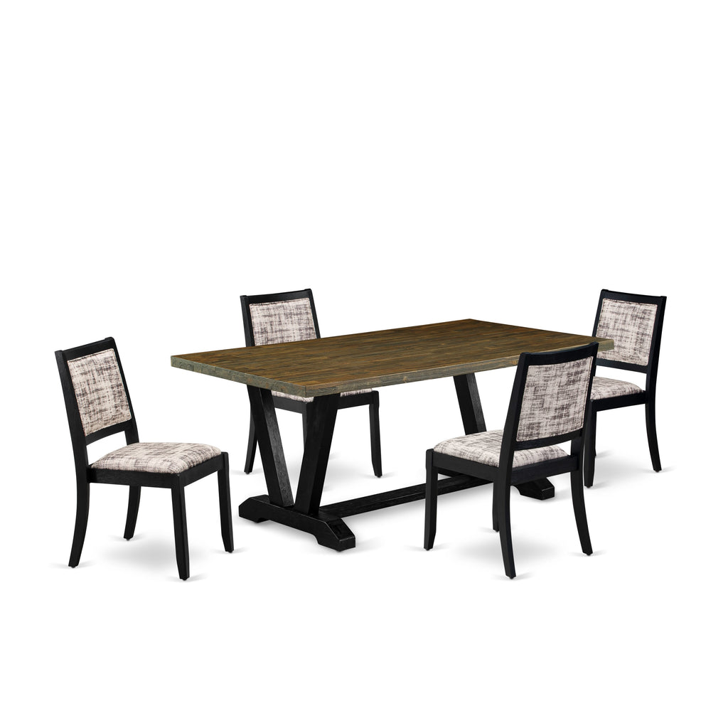 East West Furniture V677X2630-5 - 5-piece dining set consists of a dining table with Distressed Jacobean top & 4 stackable dining chairs with White and Gray Pattern Faux Leather - Wire-brushed Black