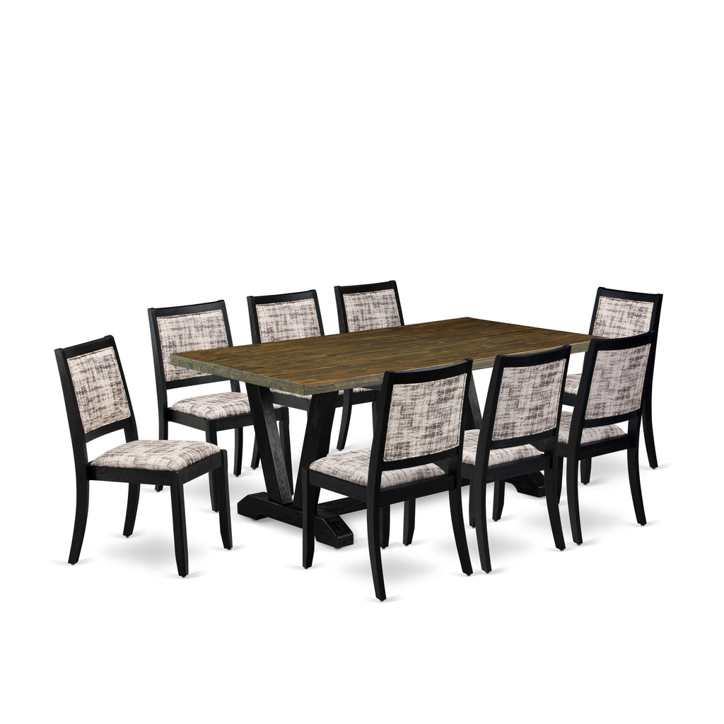 East West Furniture V677X2630-9 - 9-piece kitchen set consists of a dining table with Distressed Jacobean top and 8 stackable chairs with White and Gray Pattern Faux Leather - Wire-brushed Black