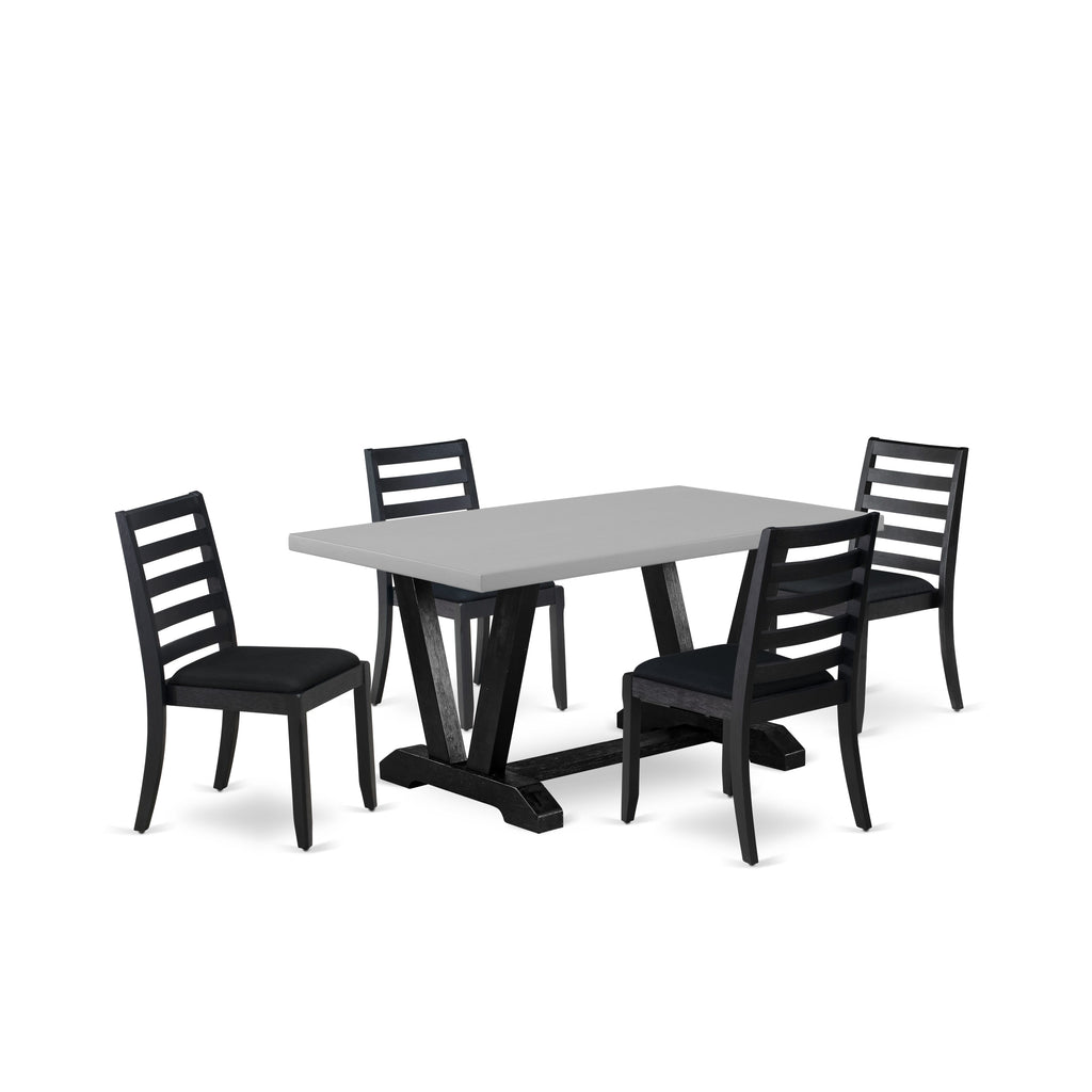 East West Furniture V696X1624-5 - 5-piece modern dining set consists of a breakfast table with Cement top and 4 stackable chairs with Black Linen Fabric - Wire-brushed Black