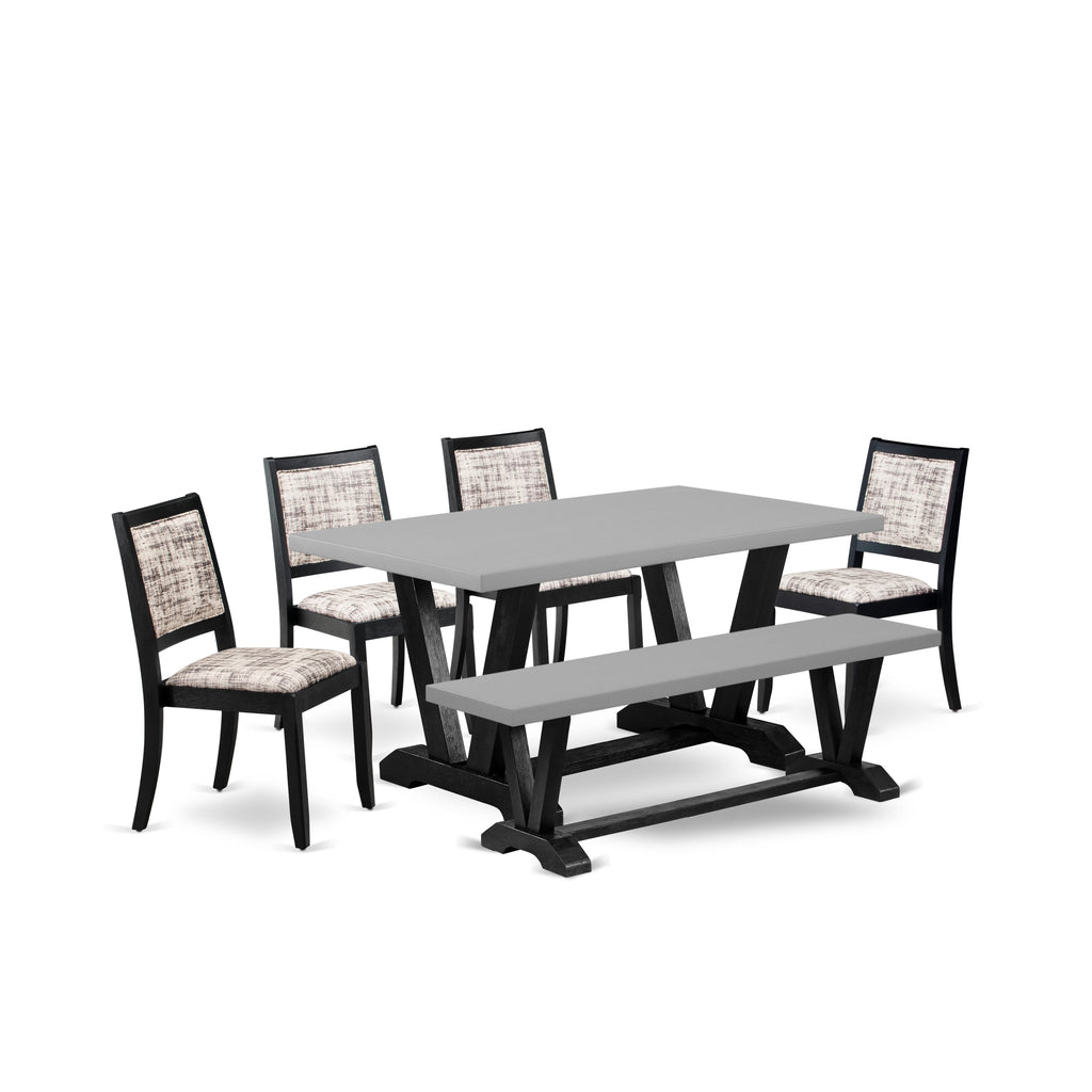 East West Furniture V696X2630-6 - 6-piece kitchen set consists of a kitchen table and a bench with Cement top and 4 stackable chairs with White and Gray Pattern Faux Leather - Wire-brushed Black