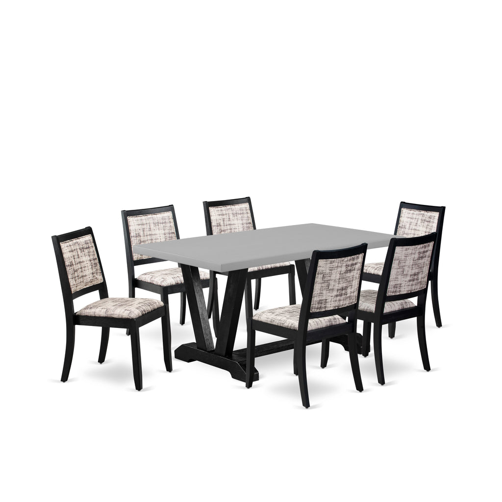 East West Furniture V696X2630-7 - 7-piece dining set consists of a breakfast table with Cement top and 6 stackable chairs with White and Gray Pattern Faux Leather - Wire-brushed Black