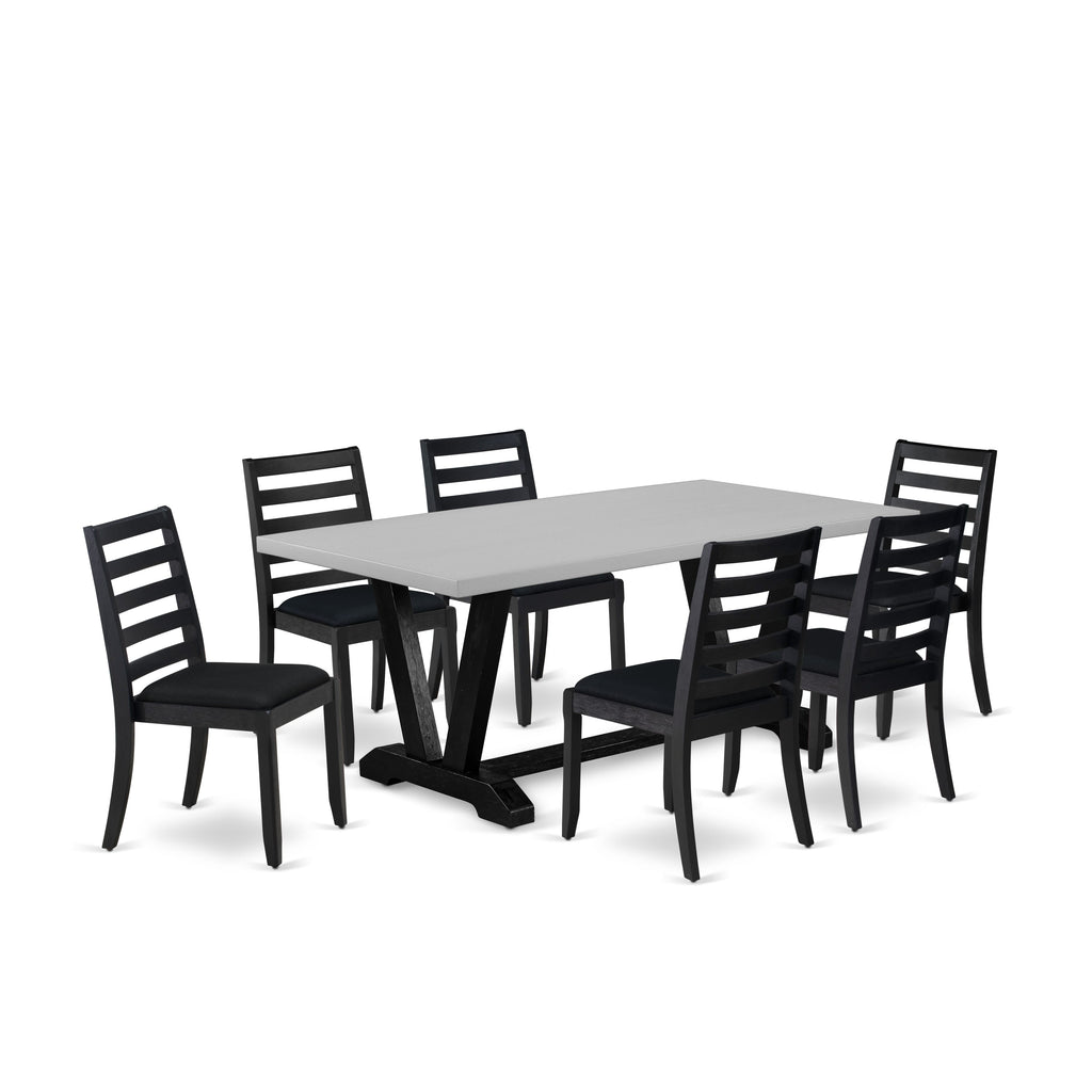 East West Furniture V697X1624-7 - 7-piece mid century kitchen set consists of a wooden table with Cement top and 6 stackable dining room chairs with Black Linen Fabric - Wire-brushed Black