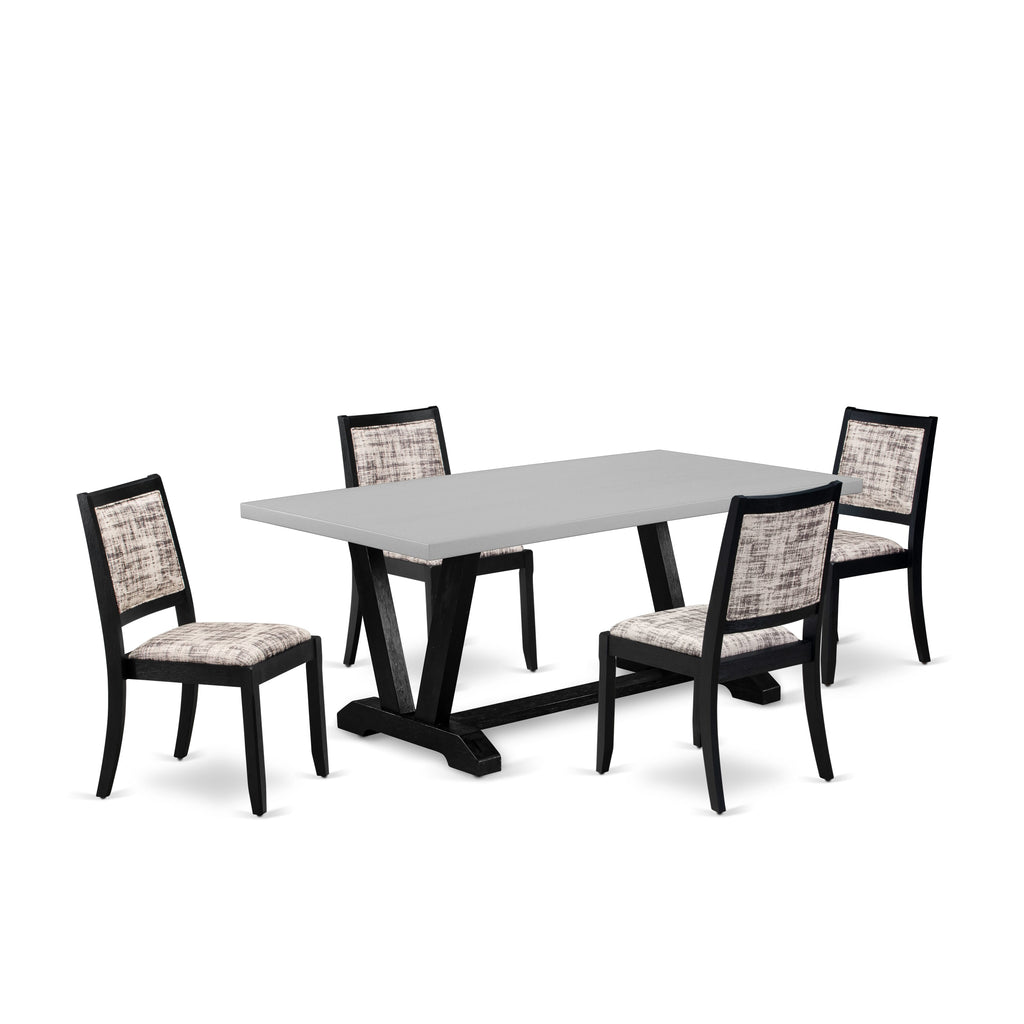 East West Furniture V697X2630-5 - 5-piece kitchen table set consists of a dinner table with Cement top and 4 stackable dining chairs with White and Gray Pattern Faux Leather - Wire-brushed Black