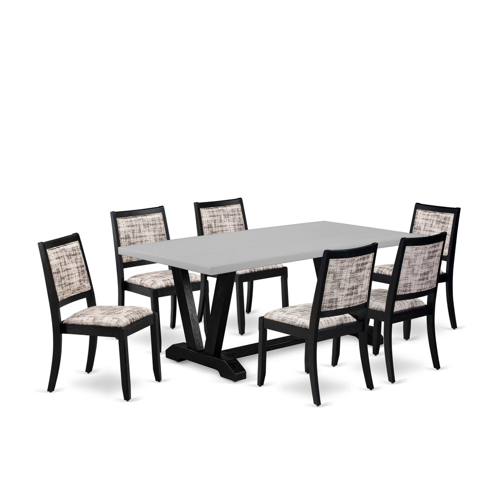 East West Furniture V697X2630-7 - 7-piece dining table set consists of a breakfast table with Cement top and 6 stackable chairs with White and Gray Pattern Faux Leather - Wire-brushed Black