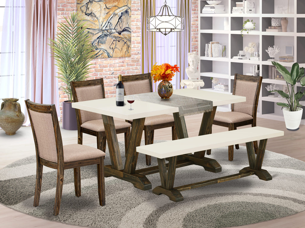 East West Furniture V726MZ716-6 6 Piece Dinette Set Contains a Rectangle Dining Table with V-Legs and 4 Dark Khaki Linen Fabric Parson Chairs with a Bench