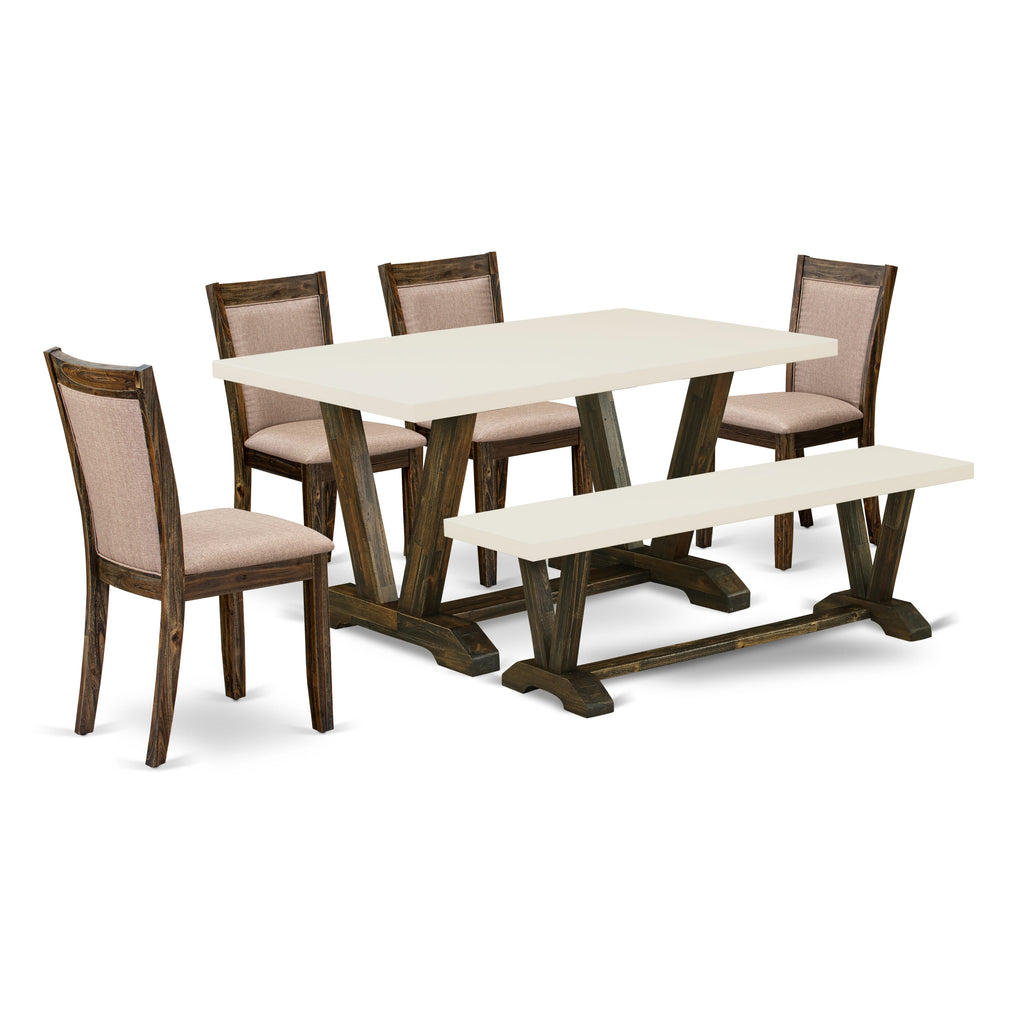 East West Furniture V726MZ716-6 6 Piece Dinette Set Contains a Rectangle Dining Table with V-Legs and 4 Dark Khaki Linen Fabric Parson Chairs with a Bench