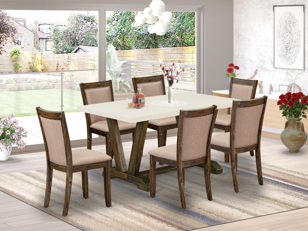 East West Furniture V726MZ716-7 7 Piece Dining Table Set Consist of a Rectangle Dining Room Table with V-Legs and 6 Dark Khaki Linen Fabric Upholstered Chairs