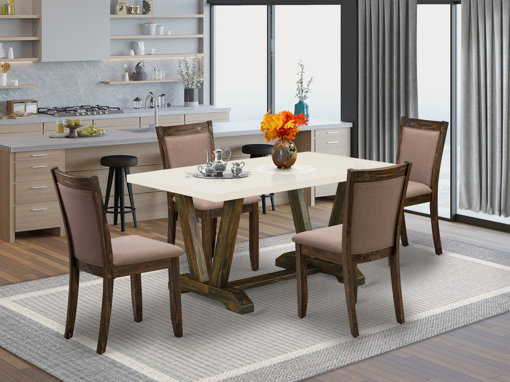 East West Furniture V726MZ748-5 5 Piece Dining Room Furniture Set Includes a Rectangle Dining Table with V-Legs and 4 Coffee Linen Fabric Upholstered Chairs