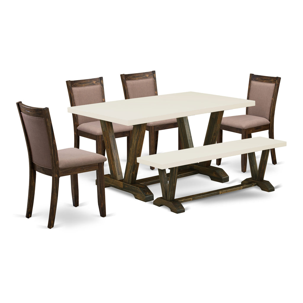 East West Furniture V726MZ748-6 6 Piece Dining Room Set Contains a Rectangle Dining Table with V-Legs and 4 Coffee Linen Fabric Parson Chairs with a Bench