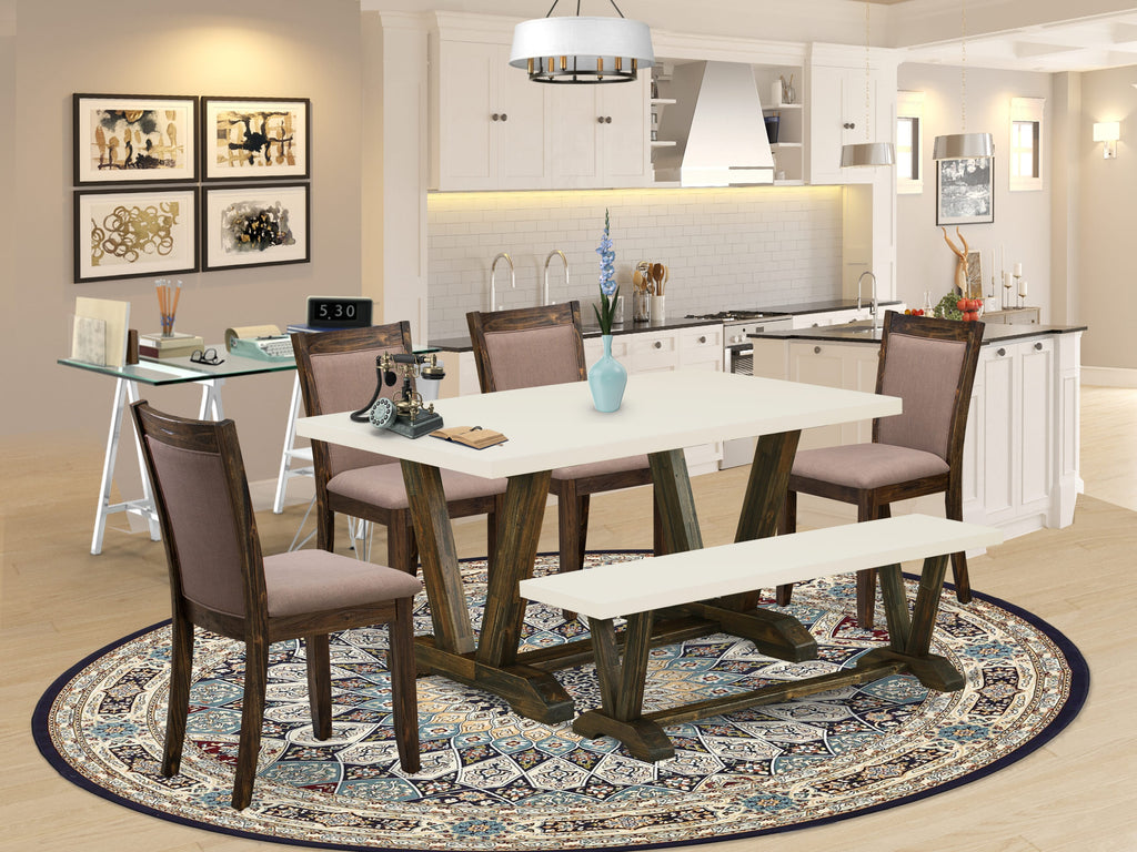 East West Furniture V726MZ748-6 6 Piece Dining Room Set Contains a Rectangle Dining Table with V-Legs and 4 Coffee Linen Fabric Parson Chairs with a Bench