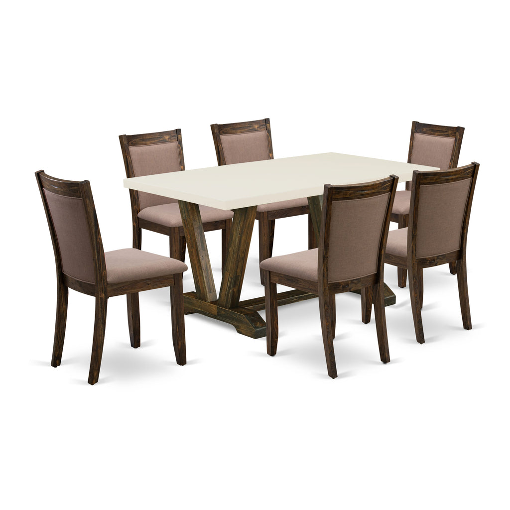 East West Furniture V726MZ748-7 7 Piece Modern Dining Table Set Consist of a Rectangle Wooden Table with V-Legs and 6 Coffee Linen Fabric Upholstered Chairs