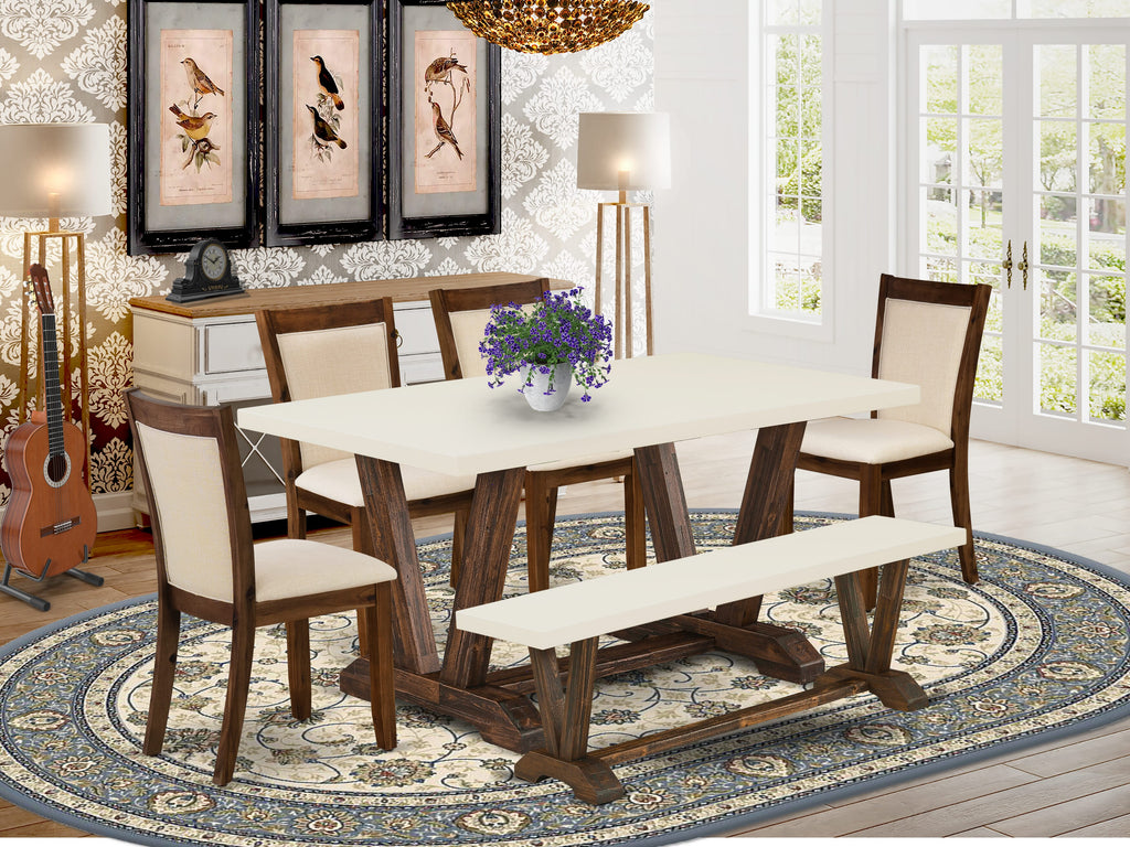 East West Furniture V726MZN32-6 6 Piece Dining Table Set Contains a Rectangle Kitchen Table with V-Legs and 4 Light Beige Linen Fabric Parson Chairs with a Bench