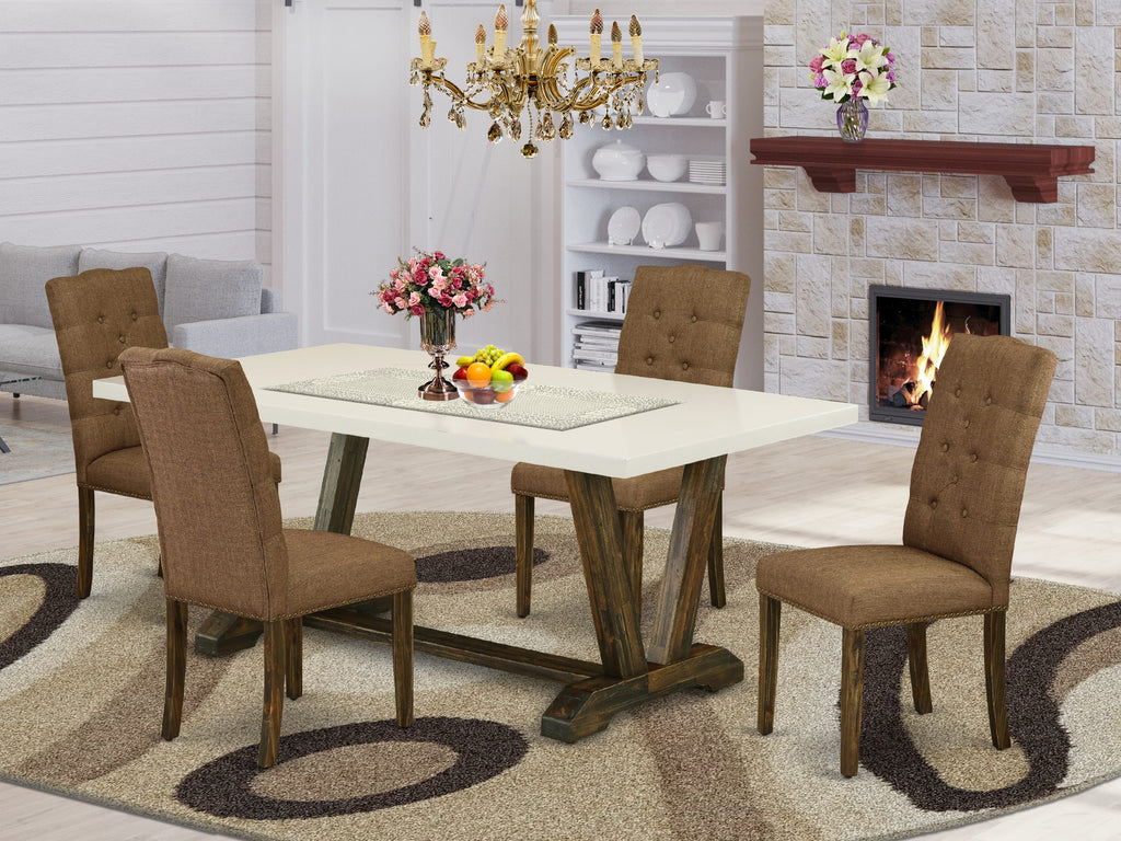 East West Furniture V727EL718-5 5 Piece Dining Table Set Includes a Rectangle Dining Room Table with V-Legs and 4 Brown Linen Linen Fabric Parsons Chairs