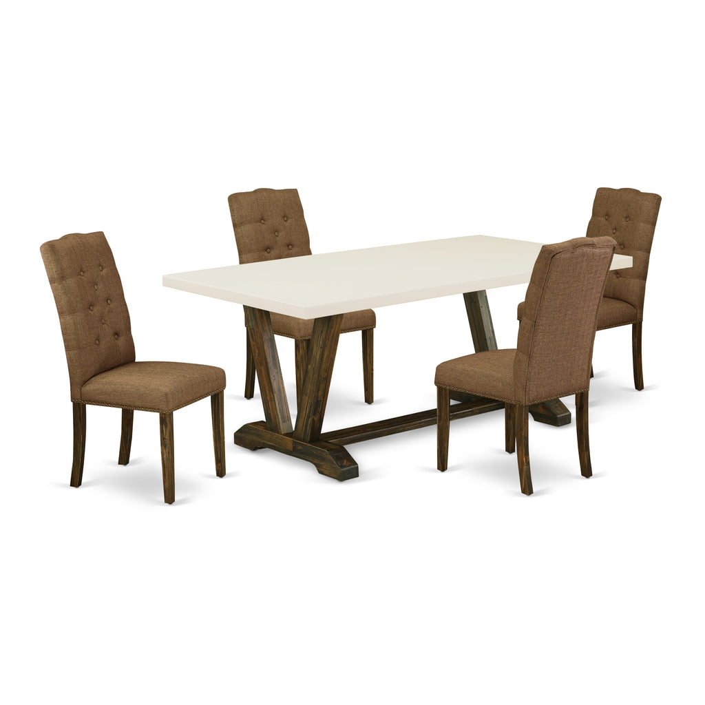 East West Furniture V727EL718-5 5 Piece Dining Table Set Includes a Rectangle Dining Room Table with V-Legs and 4 Brown Linen Linen Fabric Parsons Chairs