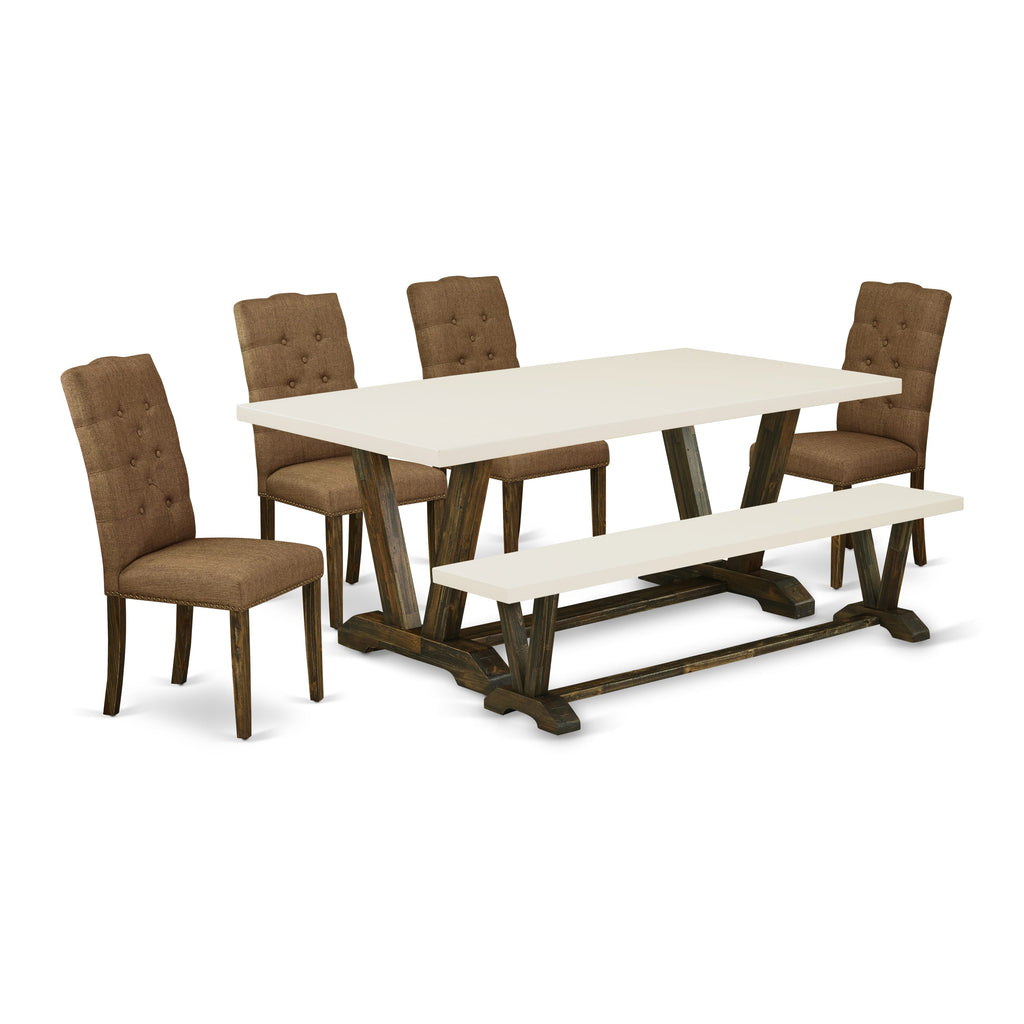 East West Furniture V727EL718-6 6 Piece Dining Table Set Contains a Rectangle Kitchen Table with V-Legs and 4 Brown Linen Linen Fabric Parson Chairs with a Bench