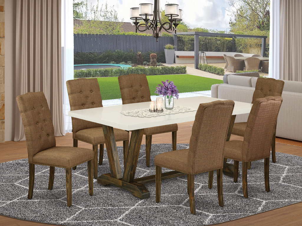 East West Furniture V727EL718-7 7 Piece Modern Dining Table Set Consist of a Rectangle Wooden Table with V-Legs and 6 Brown Linen Linen Fabric Parson Dining Chairs