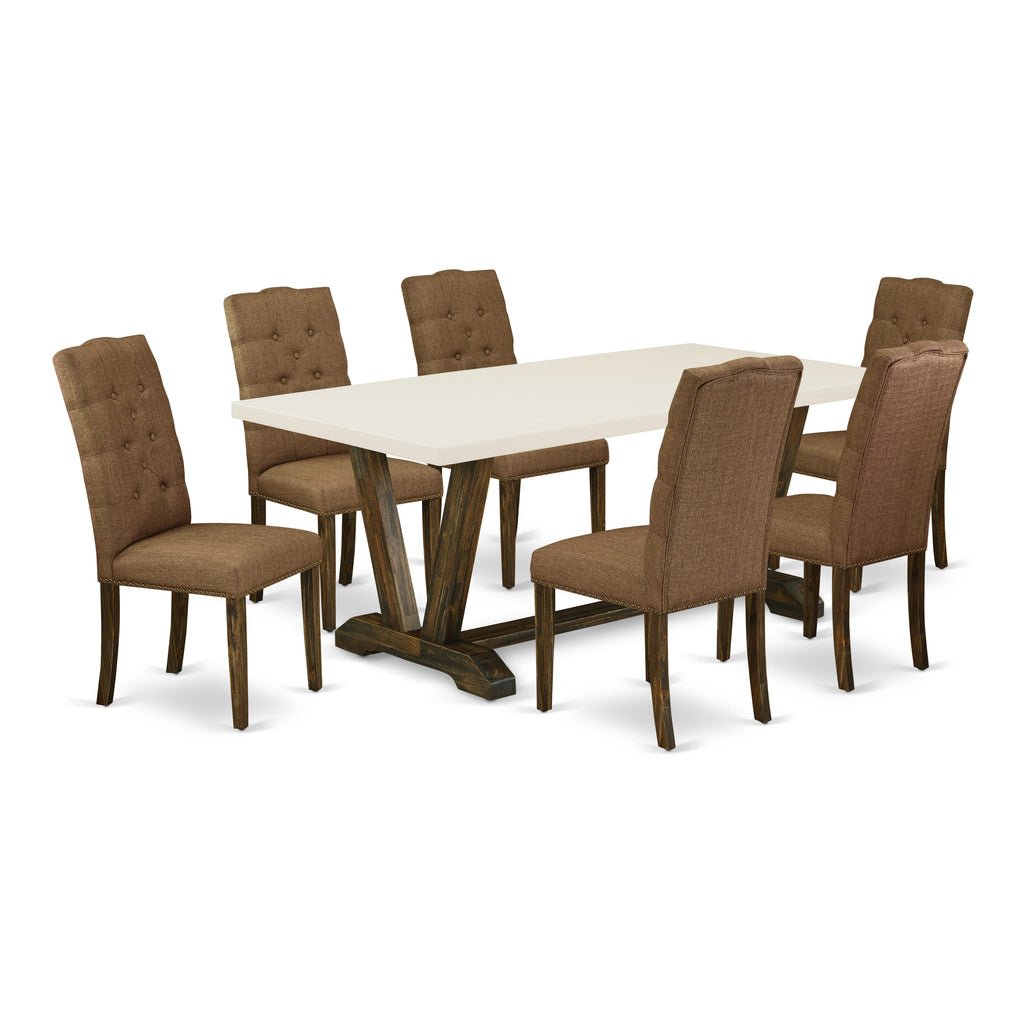 East West Furniture V727EL718-7 7 Piece Modern Dining Table Set Consist of a Rectangle Wooden Table with V-Legs and 6 Brown Linen Linen Fabric Parson Dining Chairs