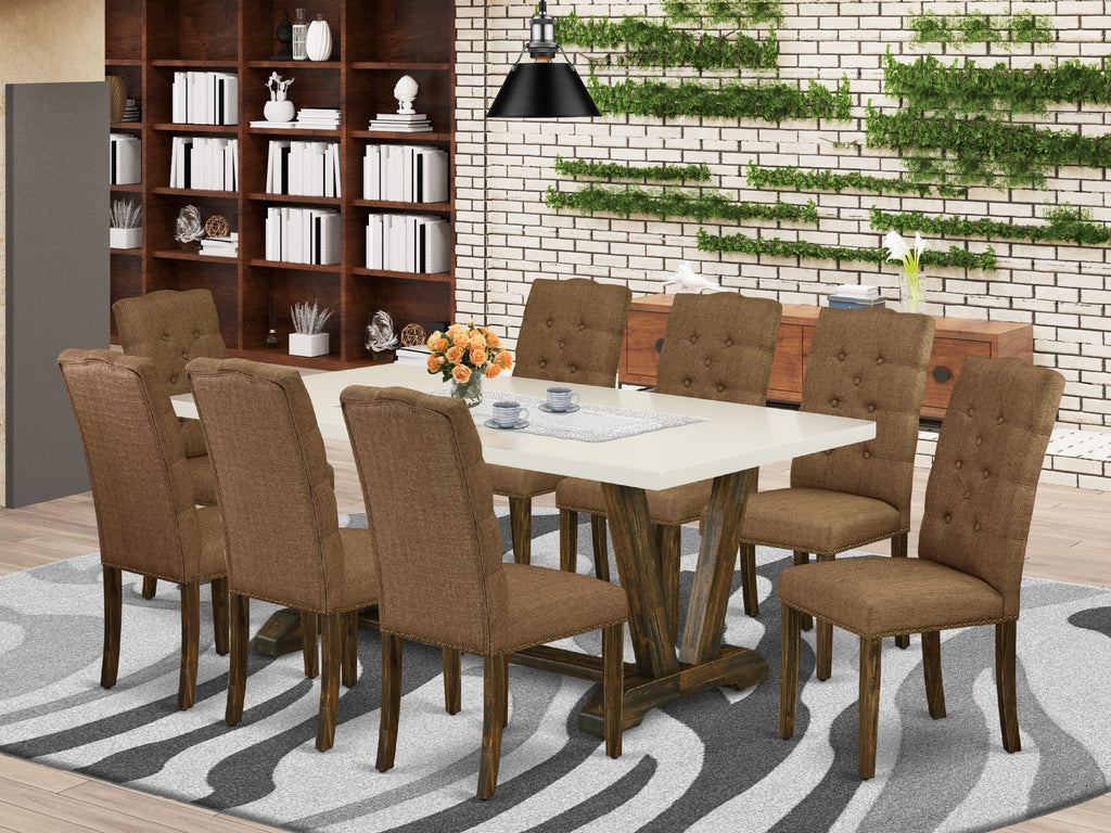 East West Furniture V727EL718-9 9 Piece Kitchen Table Set Includes a Rectangle Dining Table with V-Legs and 8 Brown Linen Linen Fabric Parson Dining Room Chairs