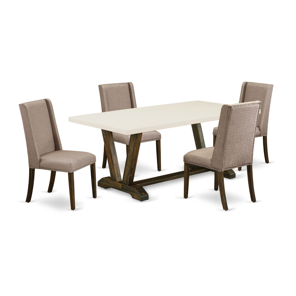 East West Furniture V727FL716-5 5 Piece Dining Room Furniture Set Includes a Rectangle Dining Table with V-Legs and 4 Dark Khaki Linen Fabric Upholstered Chairs