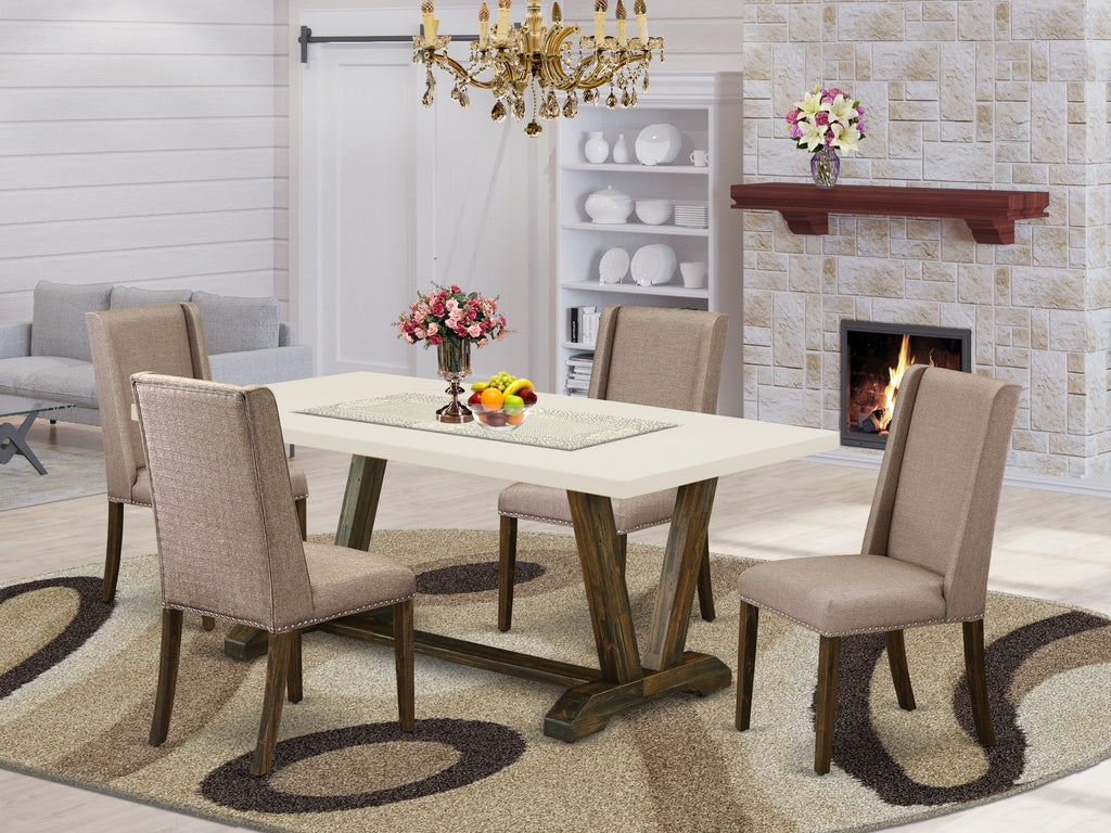 East West Furniture V727FL716-5 5 Piece Dining Room Furniture Set Includes a Rectangle Dining Table with V-Legs and 4 Dark Khaki Linen Fabric Upholstered Chairs