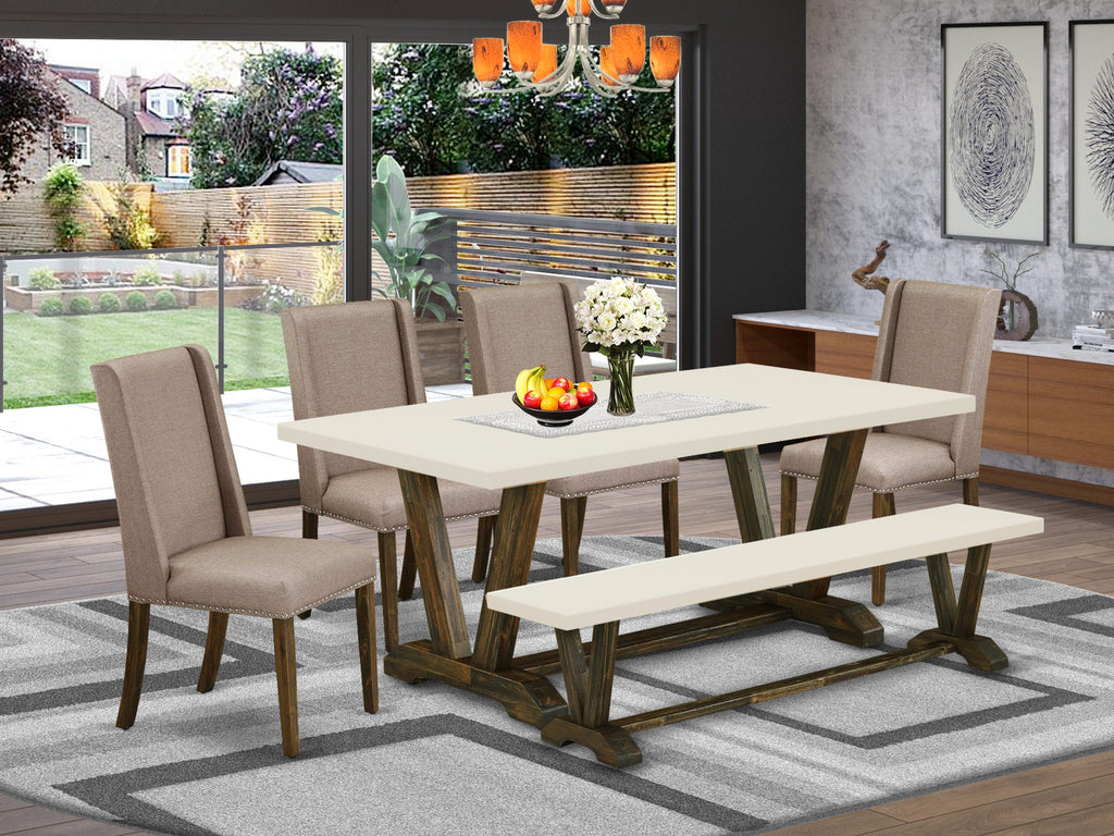 East West Furniture V727FL716-6 6 Piece Dining Table Set Contains a Rectangle Dining Room Table with V-Legs and 4 Dark Khaki Linen Fabric Parson Chairs with a Bench