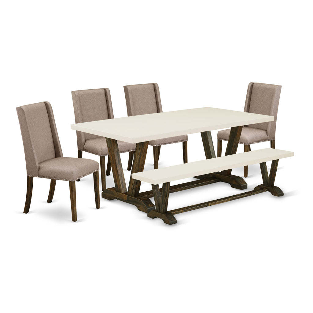 East West Furniture V727FL716-6 6 Piece Dining Table Set Contains a Rectangle Dining Room Table with V-Legs and 4 Dark Khaki Linen Fabric Parson Chairs with a Bench