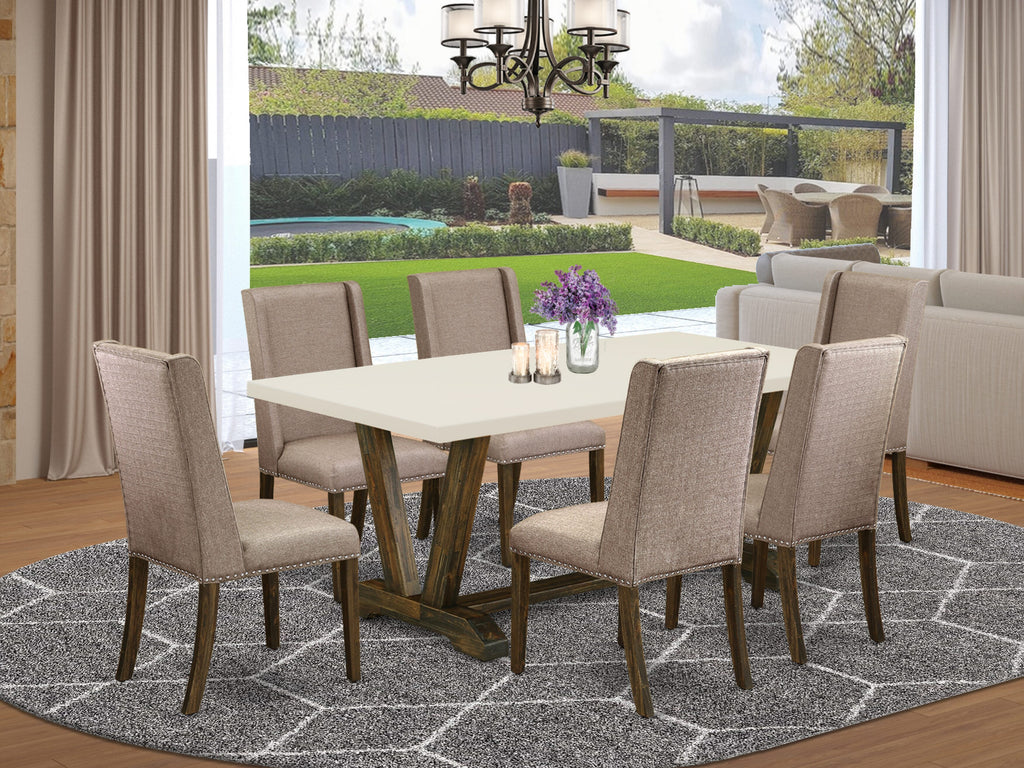 East West Furniture V727FL716-7 7 Piece Dining Room Table Set Consist of a Rectangle Kitchen Table with V-Legs and 6 Dark Khaki Linen Fabric Parson Dining Chairs