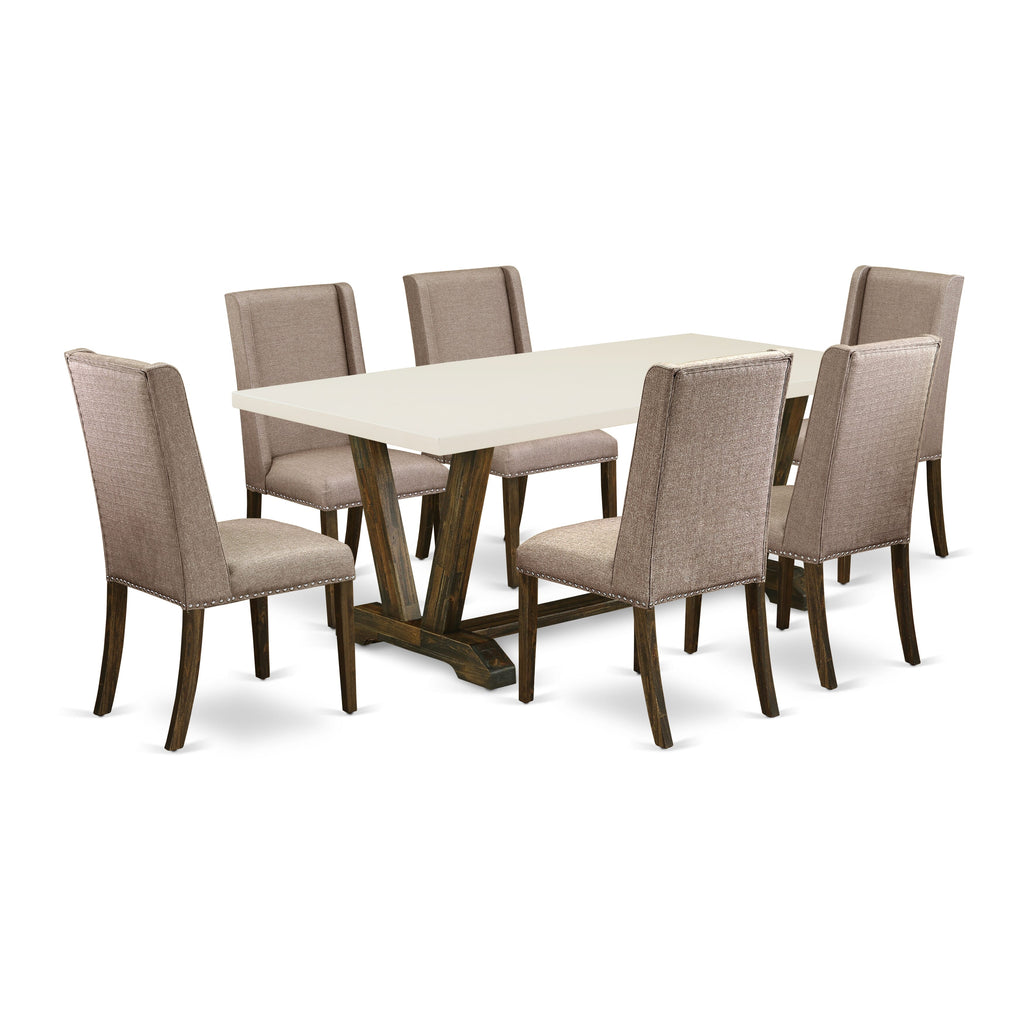 East West Furniture V727FL716-7 7 Piece Dining Room Table Set Consist of a Rectangle Kitchen Table with V-Legs and 6 Dark Khaki Linen Fabric Parson Dining Chairs