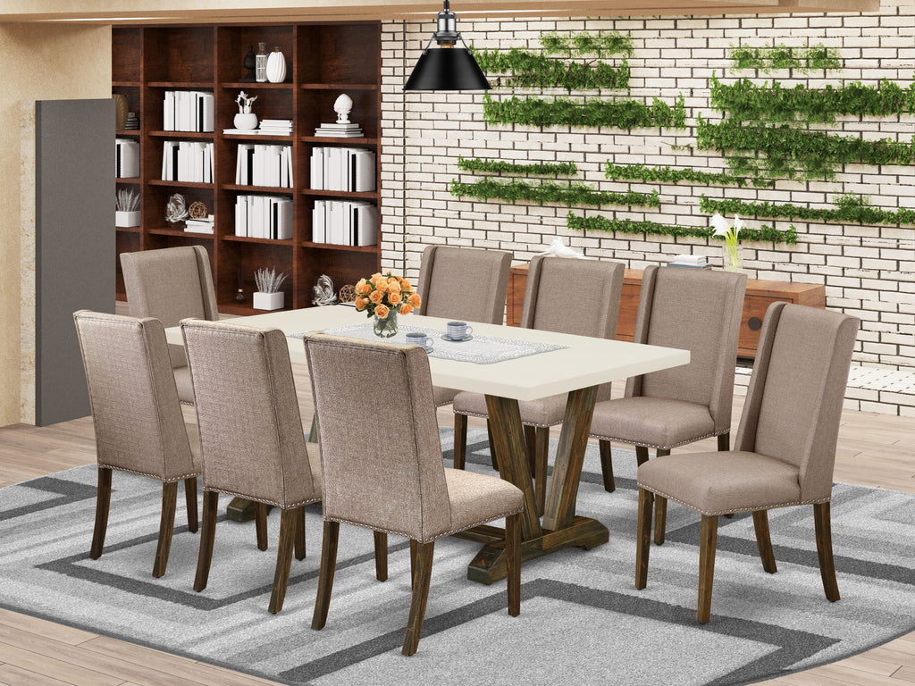 East West Furniture V727FL716-9 9 Piece Modern Dining Table Set Includes a Rectangle Wooden Table with V-Legs and 8 Dark Khaki Linen Fabric Parsons Dining Chairs