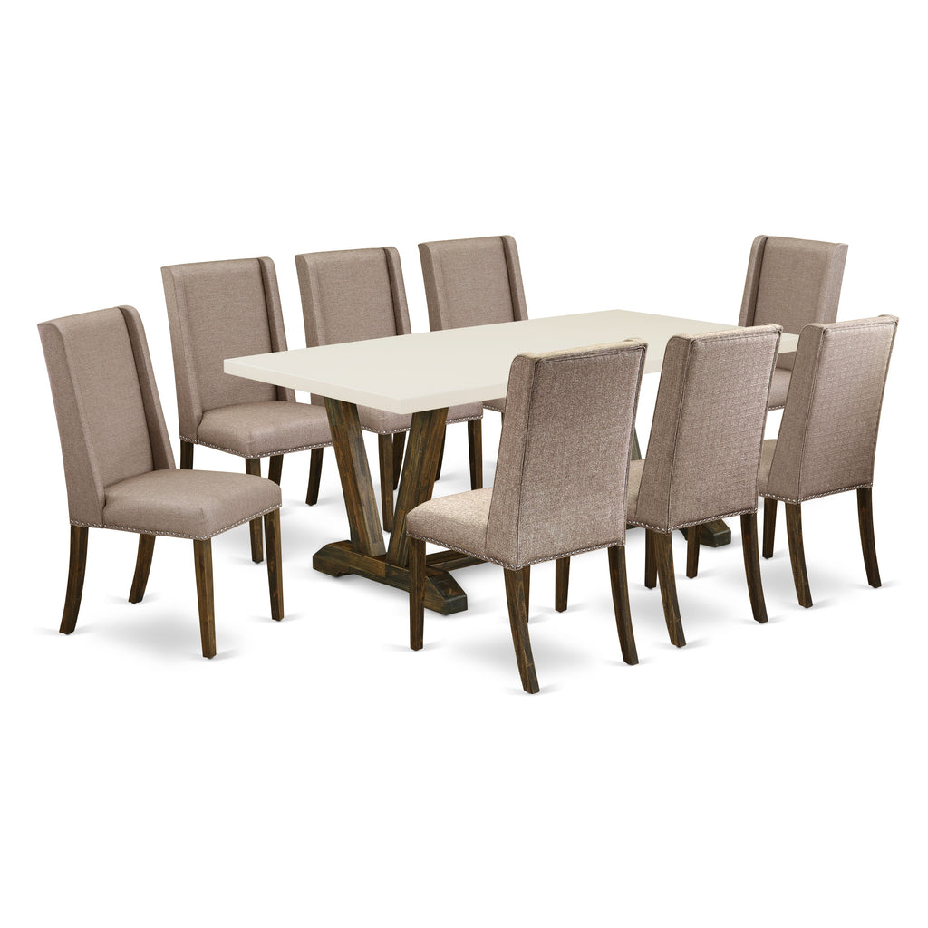 East West Furniture V727FL716-9 9 Piece Modern Dining Table Set Includes a Rectangle Wooden Table with V-Legs and 8 Dark Khaki Linen Fabric Parsons Dining Chairs