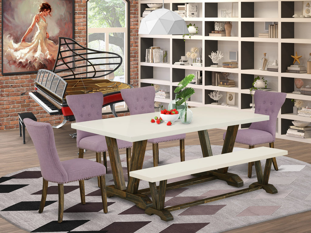 East West Furniture V727GA740-6 6 Piece Dining Room Set Contains a Rectangle Dining Table with V-Legs and 4 Dahlia Linen Fabric Parson Chairs with a Bench