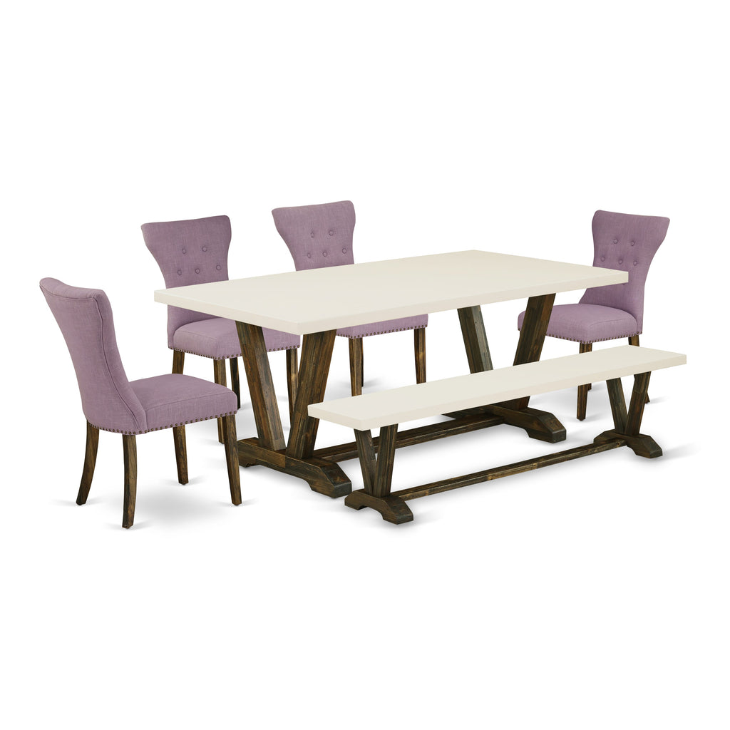 East West Furniture V727GA740-6 6 Piece Dining Room Set Contains a Rectangle Dining Table with V-Legs and 4 Dahlia Linen Fabric Parson Chairs with a Bench