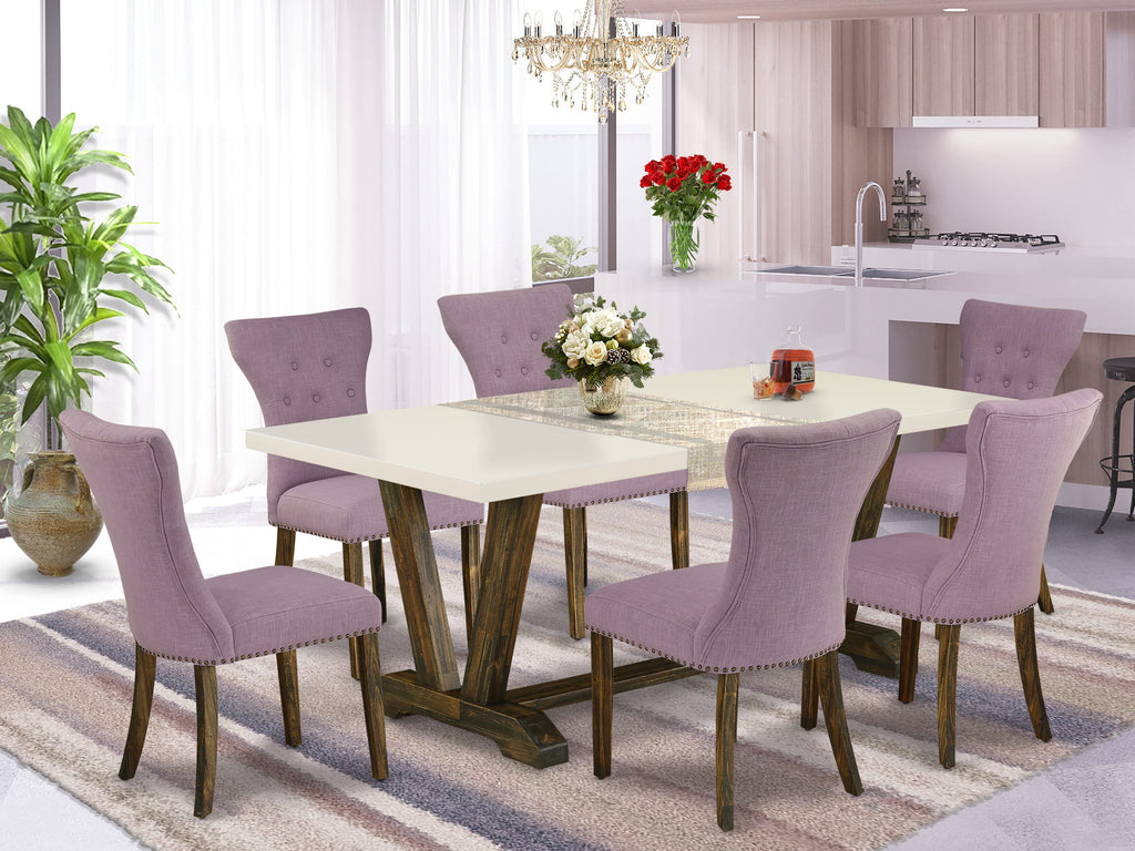 East West Furniture V727GA740-7 7 Piece Modern Dining Table Set Consist of a Rectangle Wooden Table with V-Legs and 6 Dahlia Linen Fabric Parson Dining Chairs