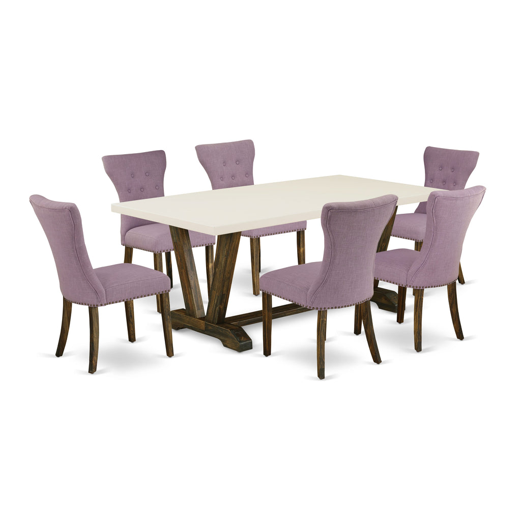 East West Furniture V727GA740-7 7 Piece Modern Dining Table Set Consist of a Rectangle Wooden Table with V-Legs and 6 Dahlia Linen Fabric Parson Dining Chairs