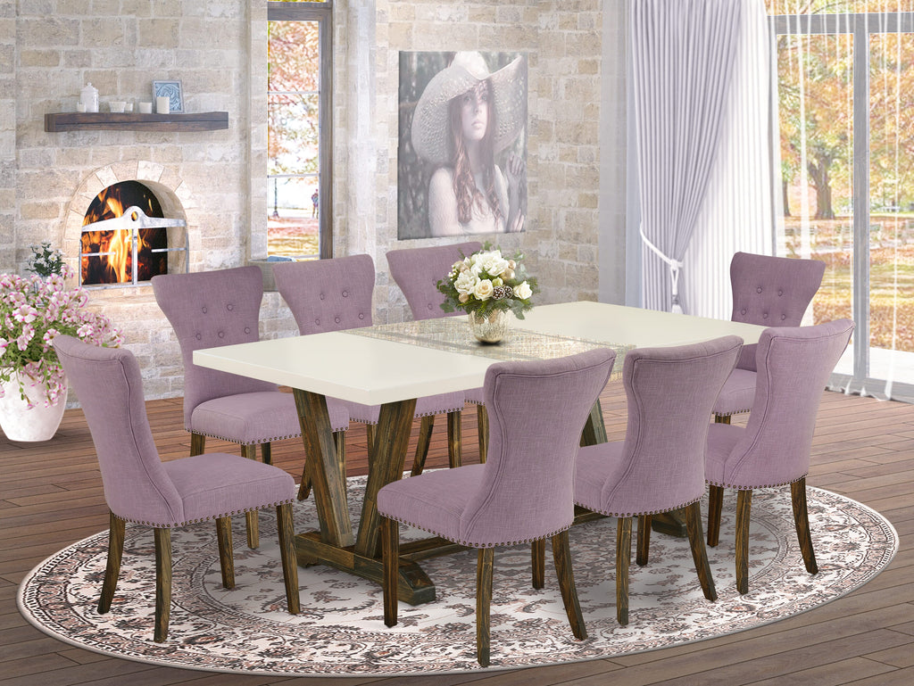 East West Furniture V727GA740-9 9 Piece Modern Dining Table Set Includes a Rectangle Dining Room Table with V-Legs and 8 Dahlia Linen Fabric Parsons Chairs