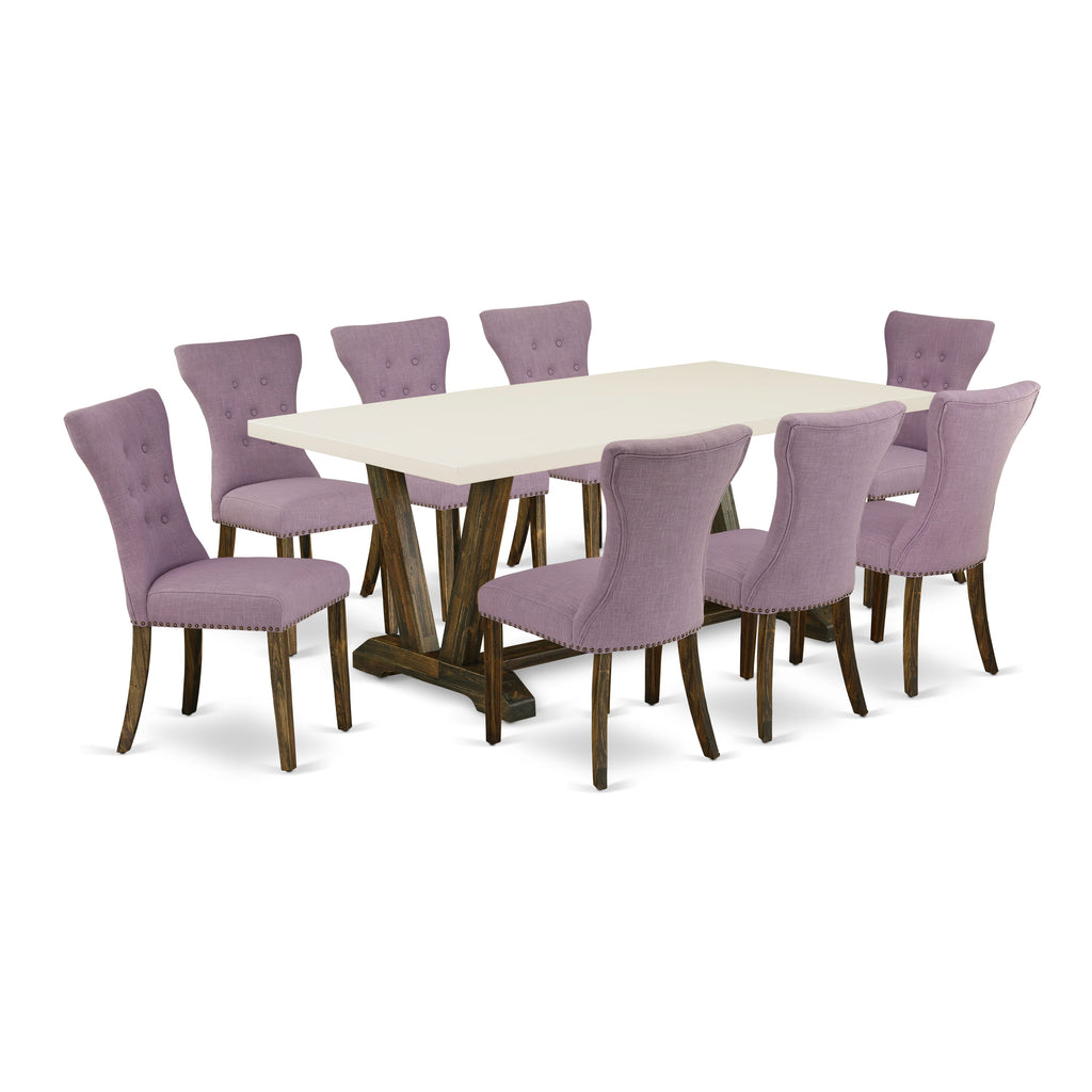 East West Furniture V727GA740-9 9 Piece Modern Dining Table Set Includes a Rectangle Dining Room Table with V-Legs and 8 Dahlia Linen Fabric Parsons Chairs