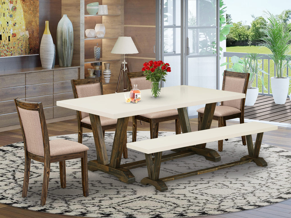 East West Furniture V727MZ716-6 6 Piece Dining Set Contains a Rectangle Dining Room Table with V-Legs and 4 Dark Khaki Linen Fabric Upholstered Chairs with a Bench