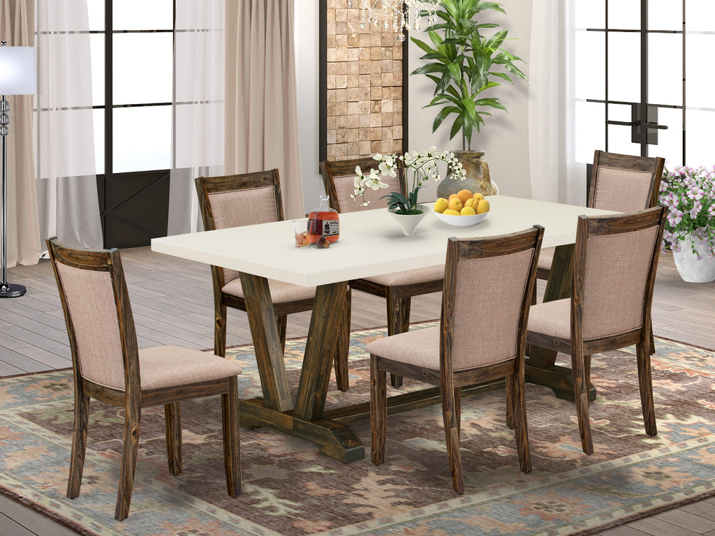 East West Furniture V727MZ716-7 7 Piece Dinette Set Consist of a Rectangle Dining Room Table with V-Legs and 6 Dark Khaki Linen Fabric Upholstered Parson Chairs