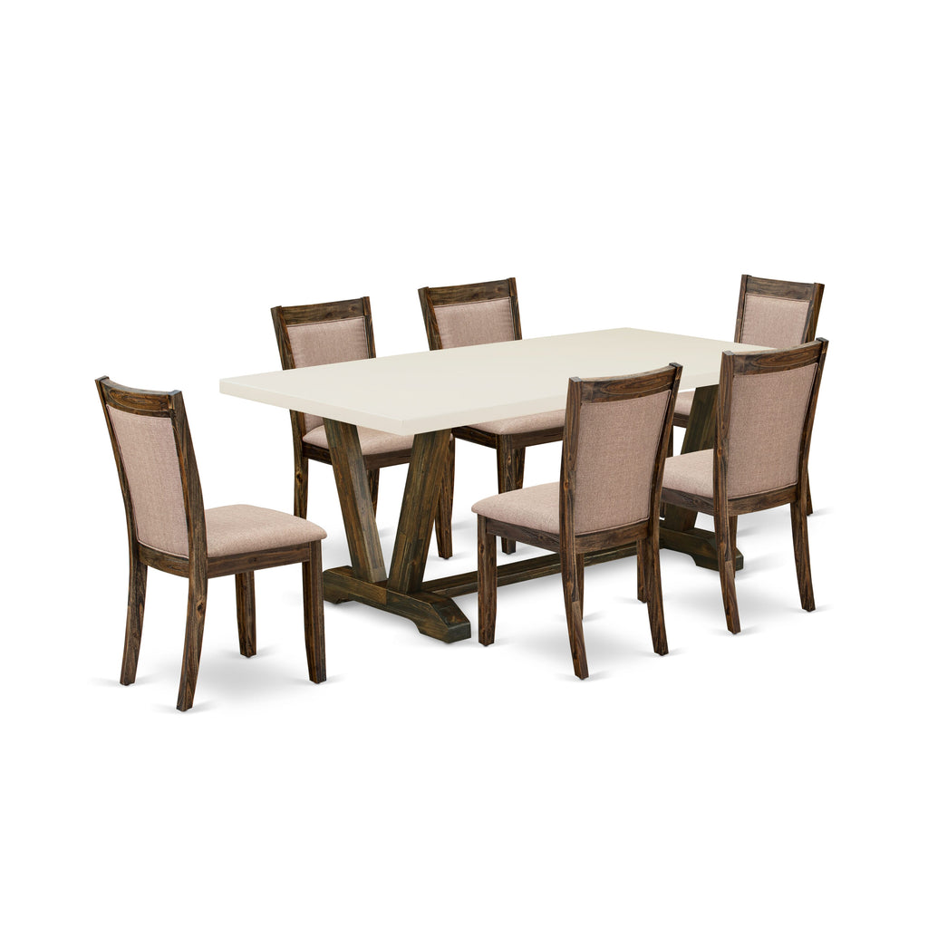 East West Furniture V727MZ716-7 7 Piece Dinette Set Consist of a Rectangle Dining Room Table with V-Legs and 6 Dark Khaki Linen Fabric Upholstered Parson Chairs