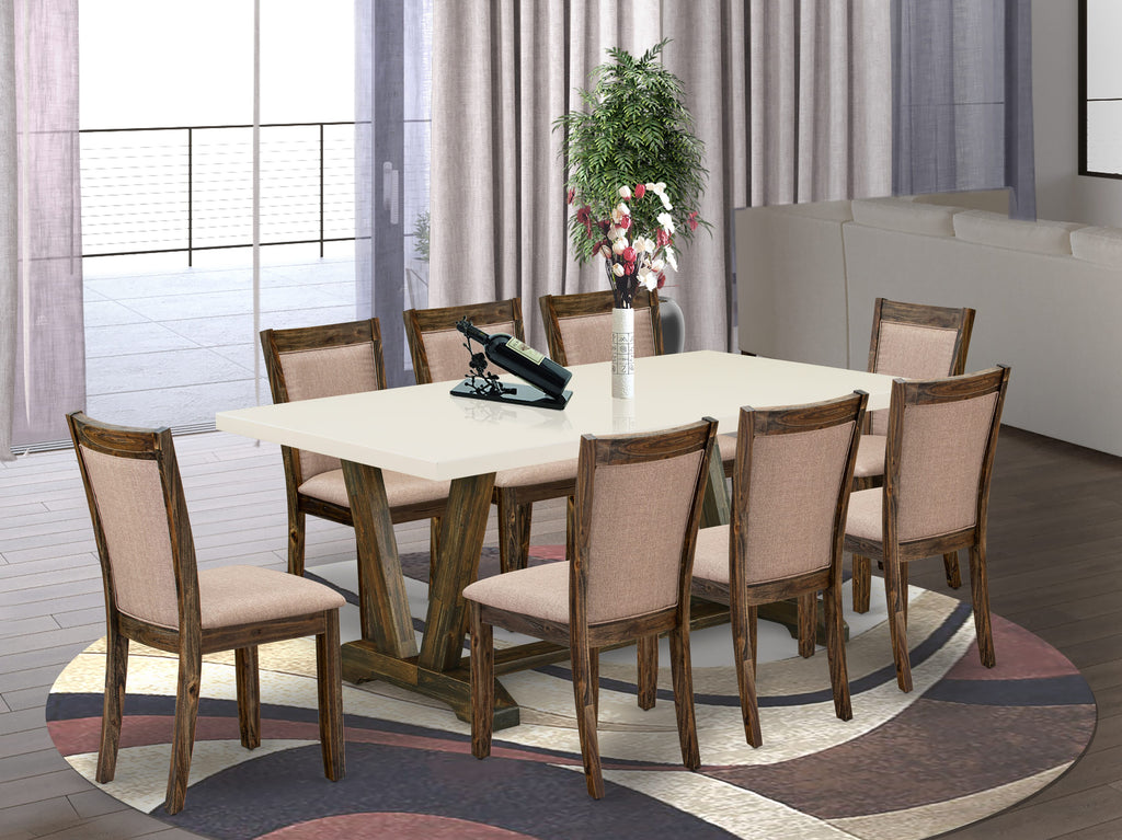 East West Furniture V727MZ716-9 9 Piece Kitchen Table & Chairs Set Includes a Rectangle Dining Room Table with V-Legs and 8 Dark Khaki Linen Fabric Parson Chairs