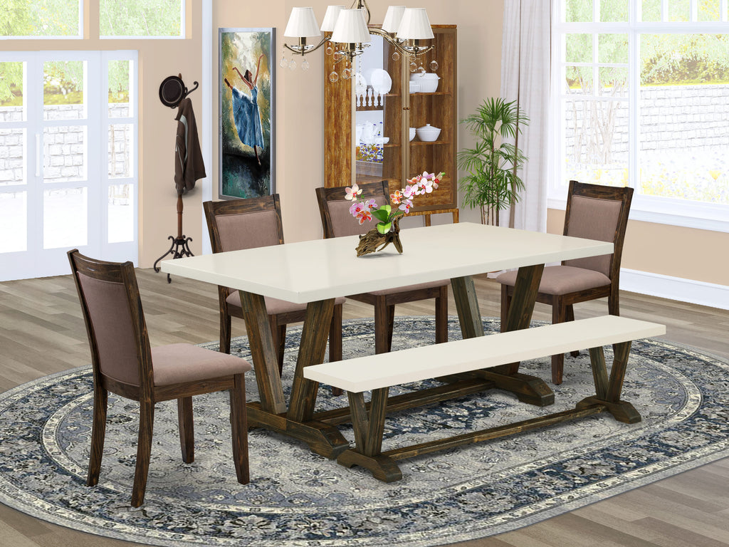 East West Furniture V727MZ748-6 6 Piece Dinette Set Contains a Rectangle Dining Room Table with V-Legs and 4 Coffee Linen Fabric Parson Chairs with a Bench